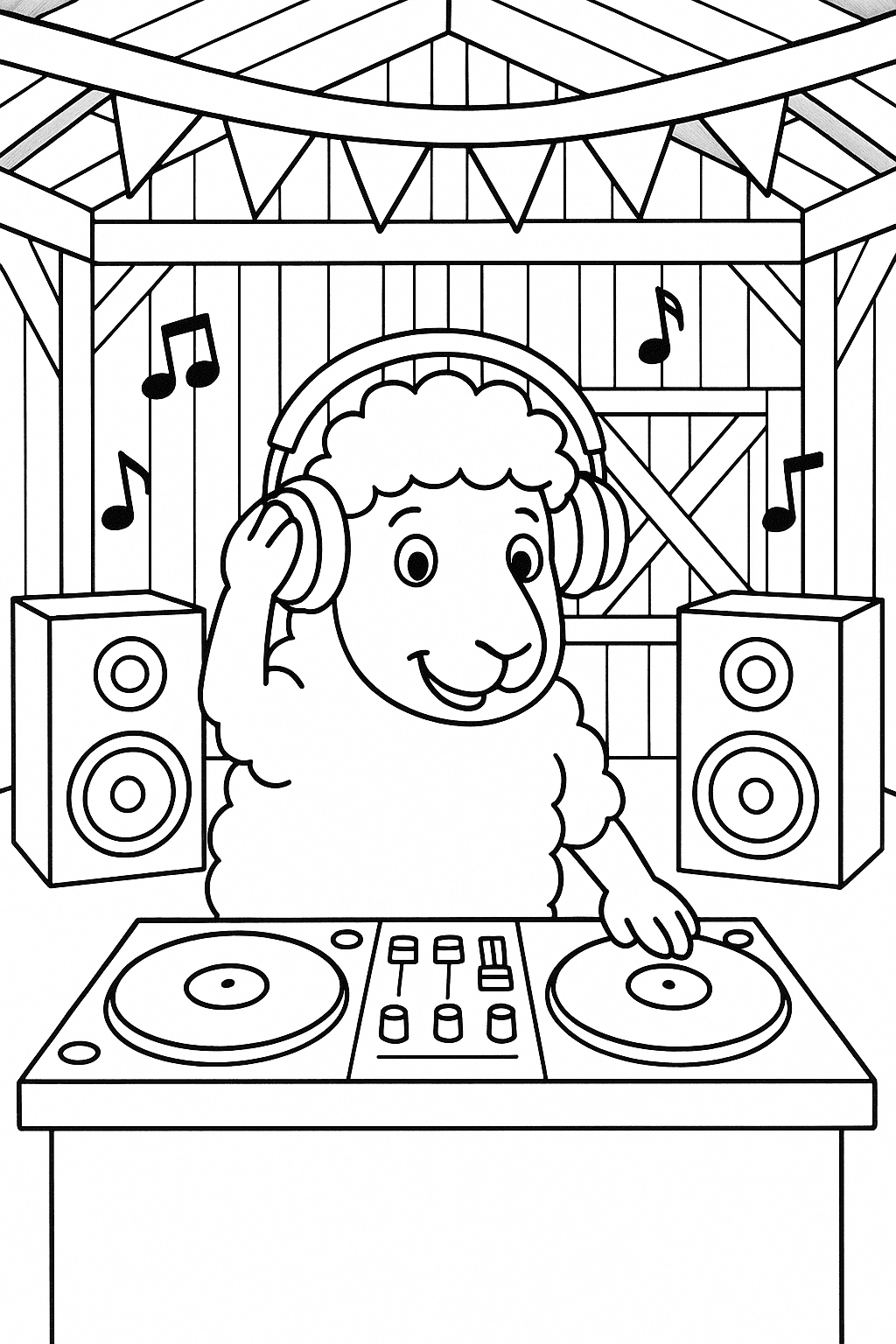 Sheep DJ in the Barn Coloring Page