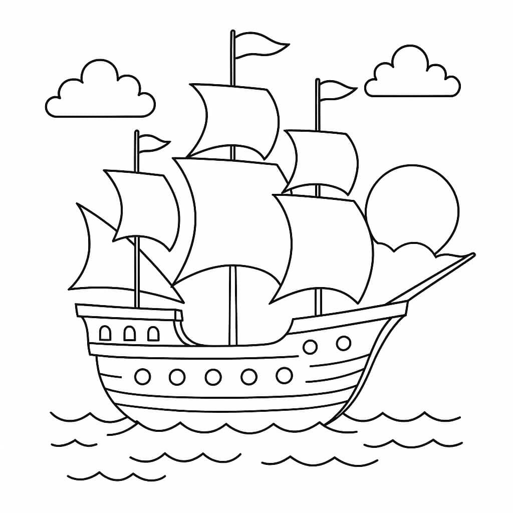Ship with sun coloring page