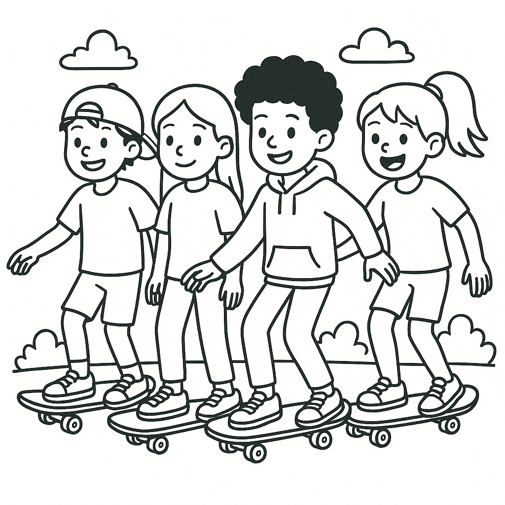 Friends on the Skateboard Coloring Page