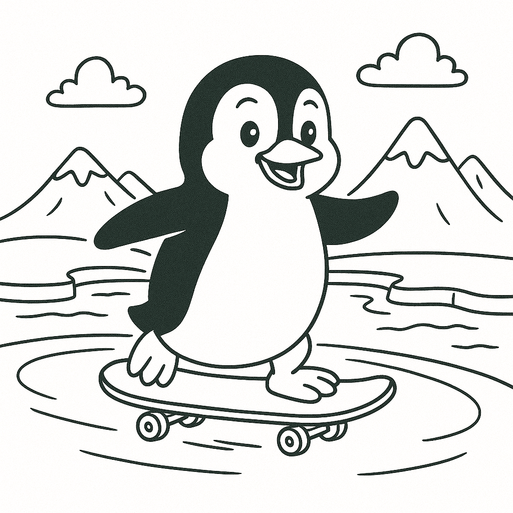 Penguin Riding a Skateboard on Ice Coloring Page