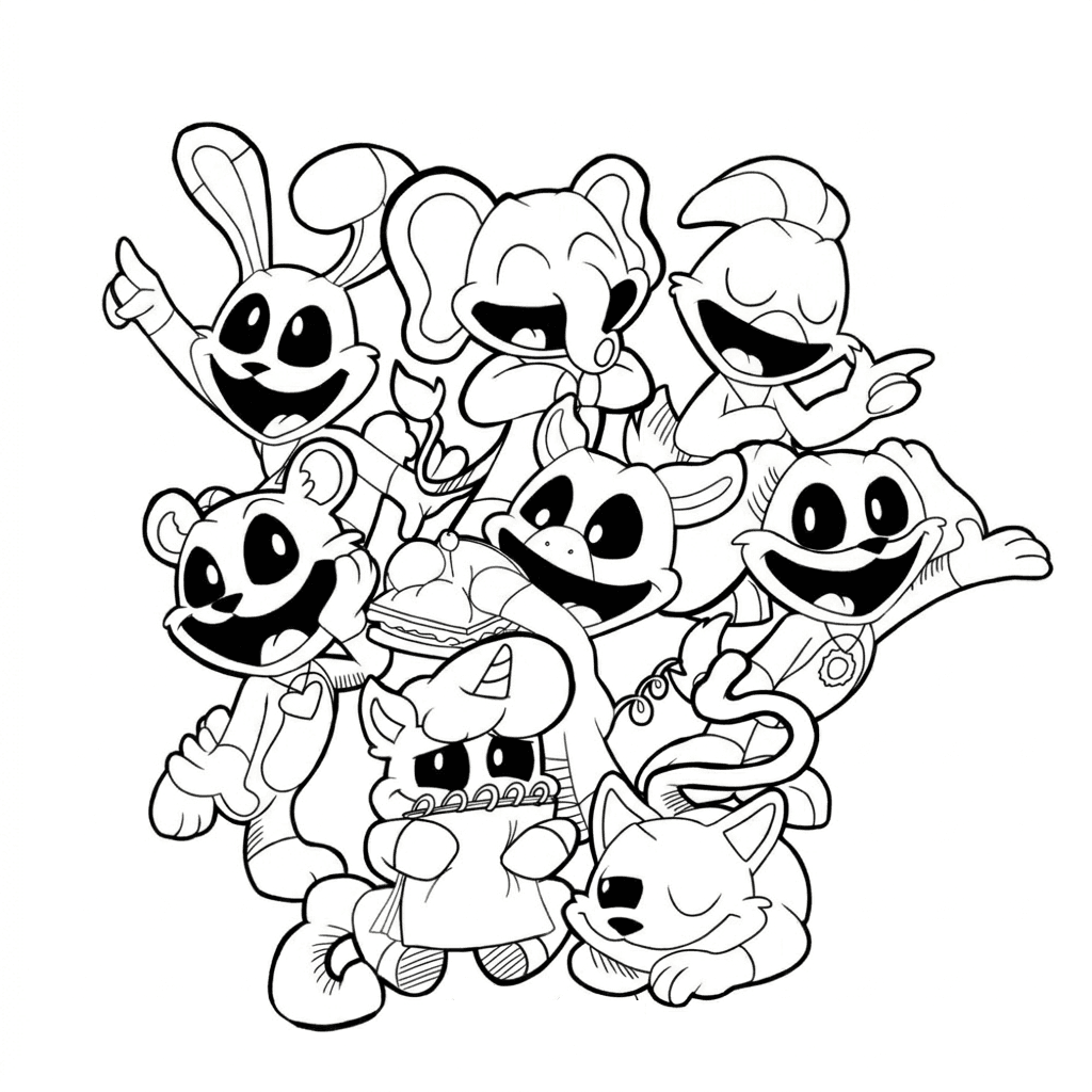 Smiling Critters Characters Coloring Page