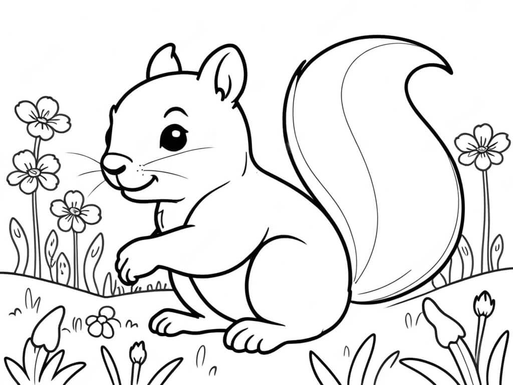Squirrel in a Flower Meadow Coloring Page