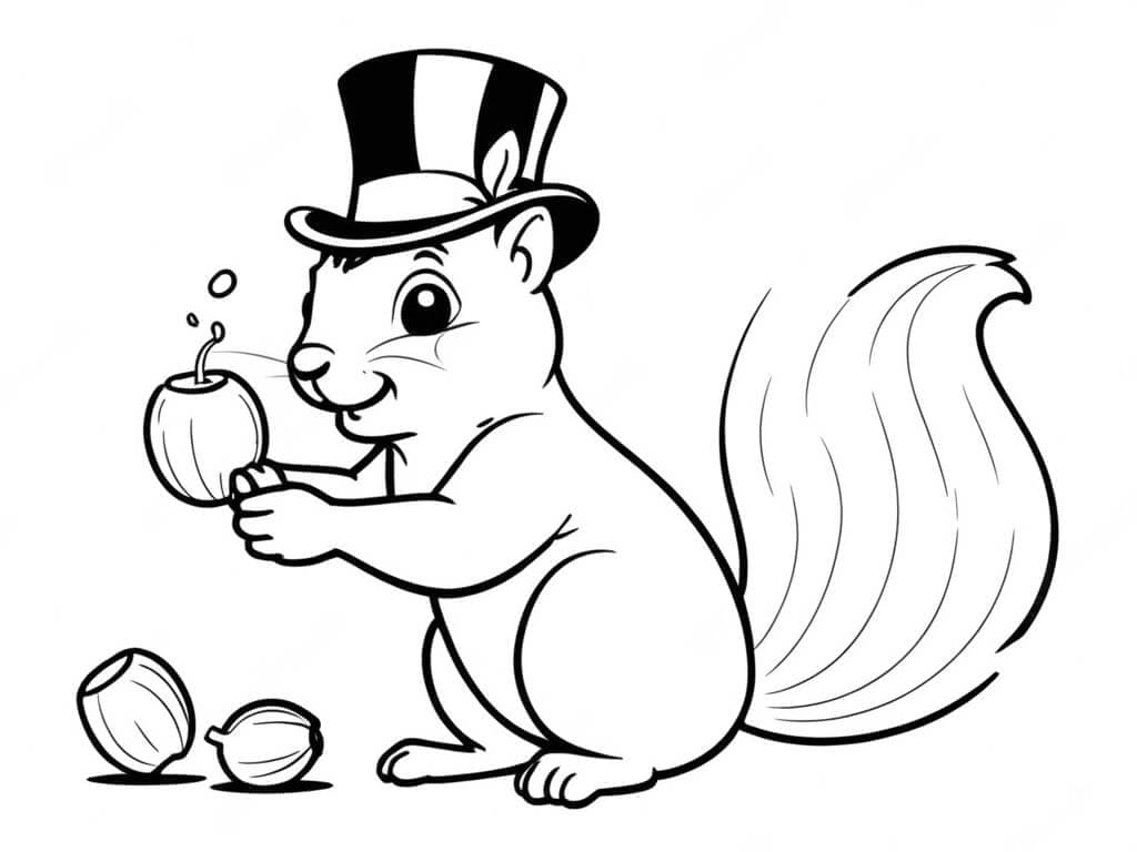 Squirrel with Hat Coloring Page