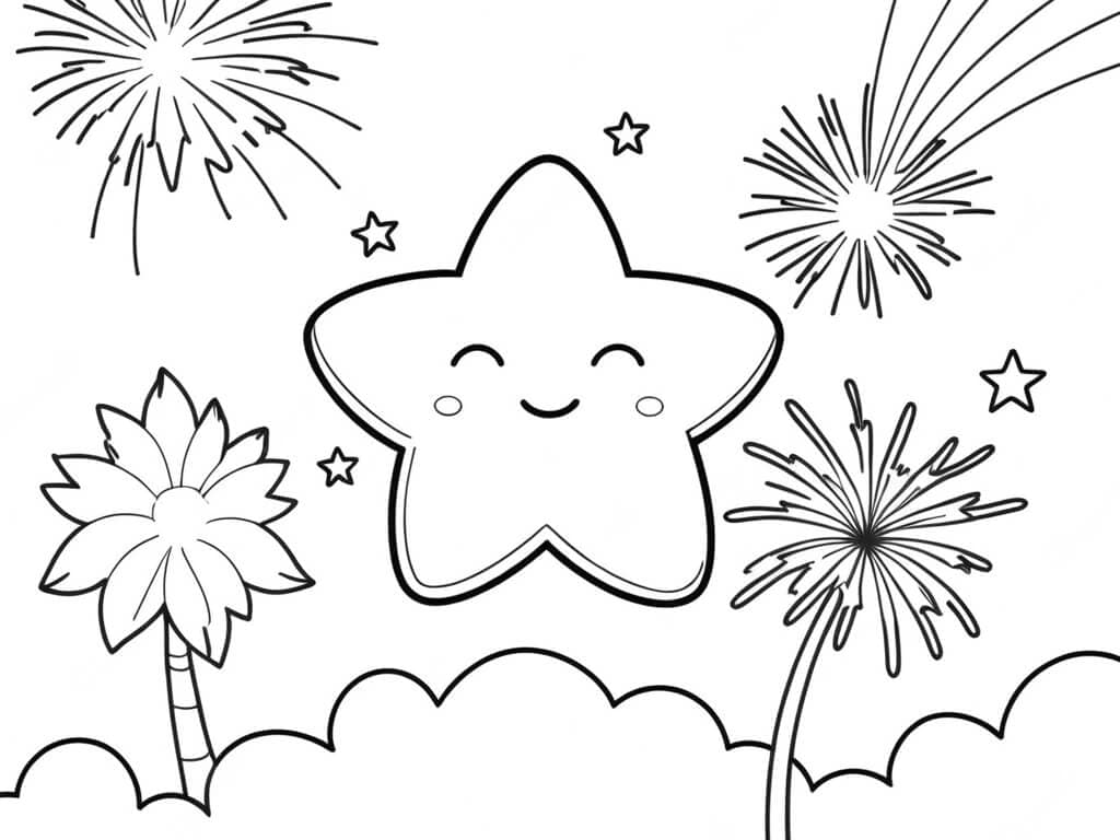 Star with fireworks coloring page