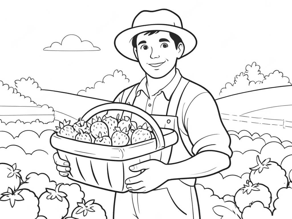 Farmer picking strawberries coloring page