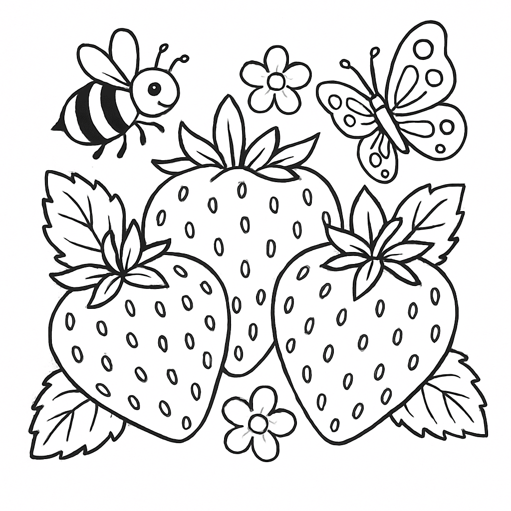 Strawberries with bees and butterflies coloring page