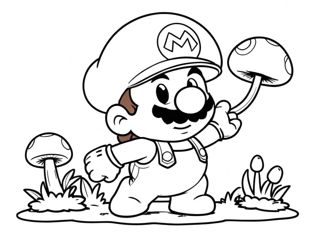 Little Mario with Mushrooms Coloring Page