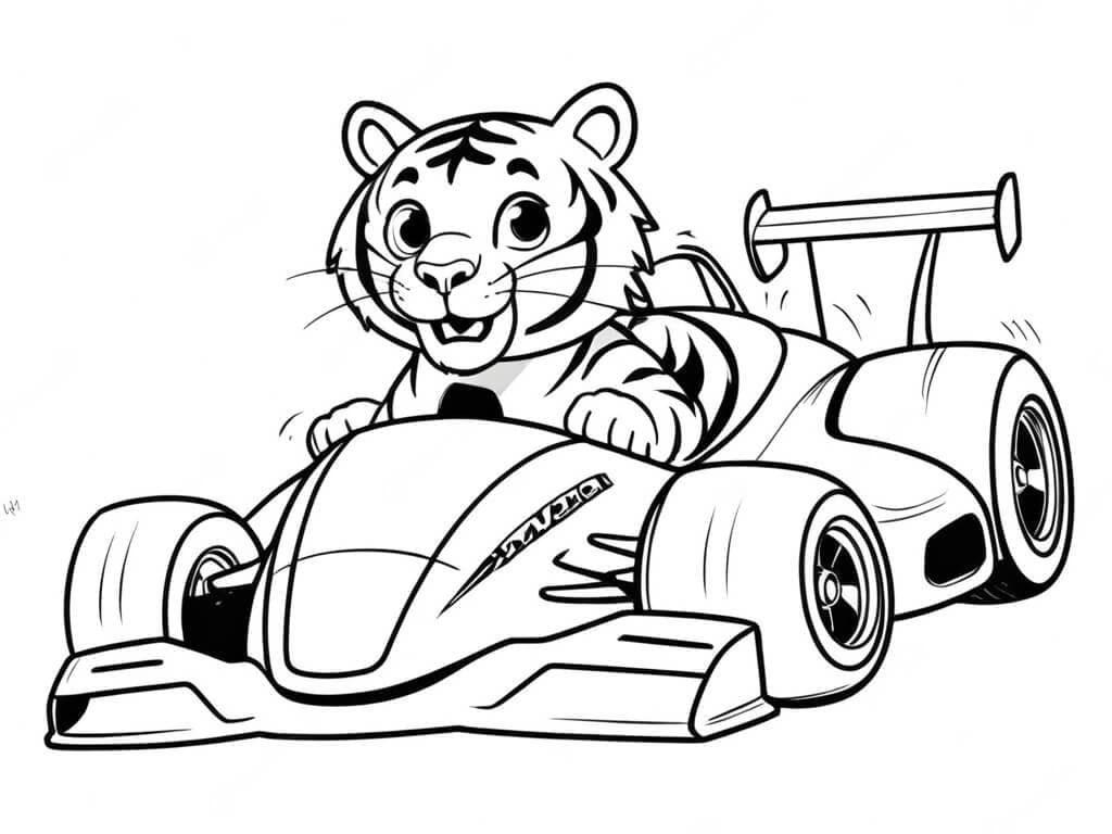 Tiger in a Race Car Coloring Page