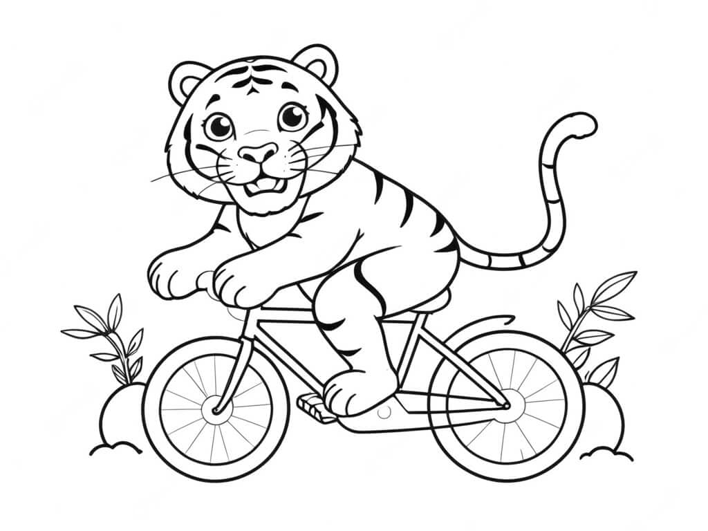 Tiger Riding a Bicycle Coloring Page
