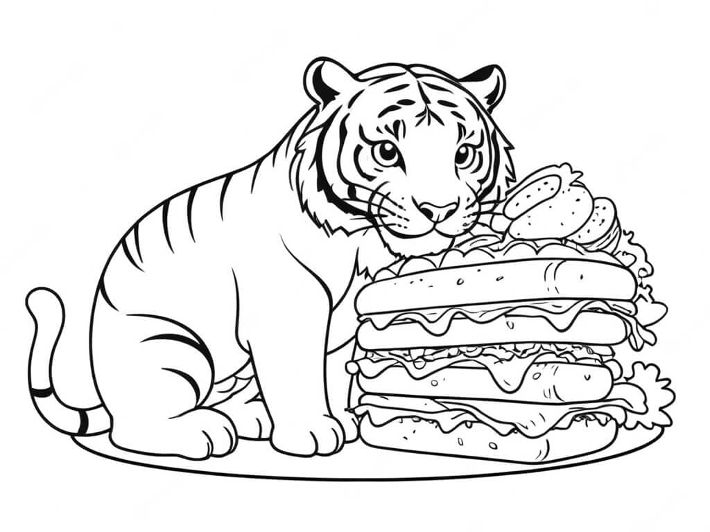 Tiger with Sandwiches Coloring Page