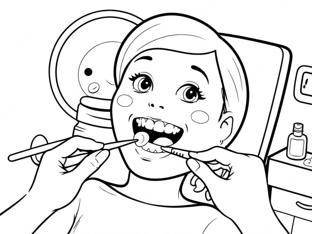 Dentist cleaning teeth coloring page