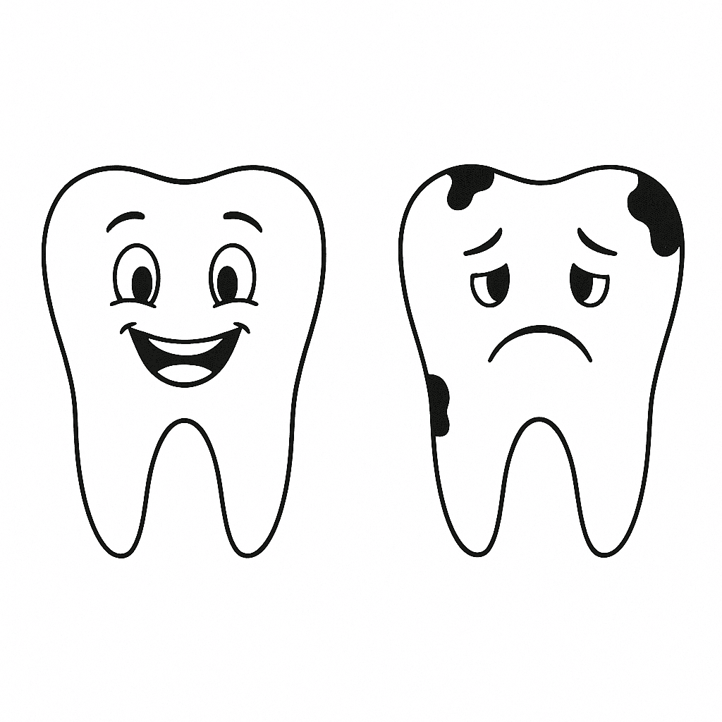 Healthy and cavity tooth coloring page
