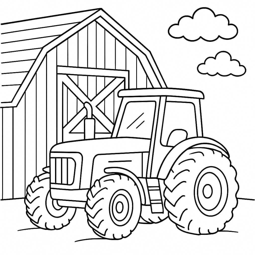 Tractor with Barn and Clouds Coloring Page