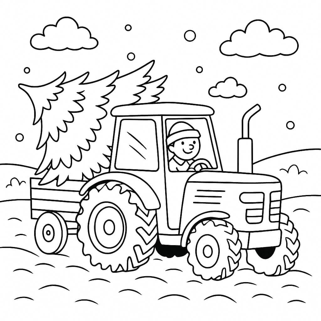 Tractor with Christmas Tree Coloring Page