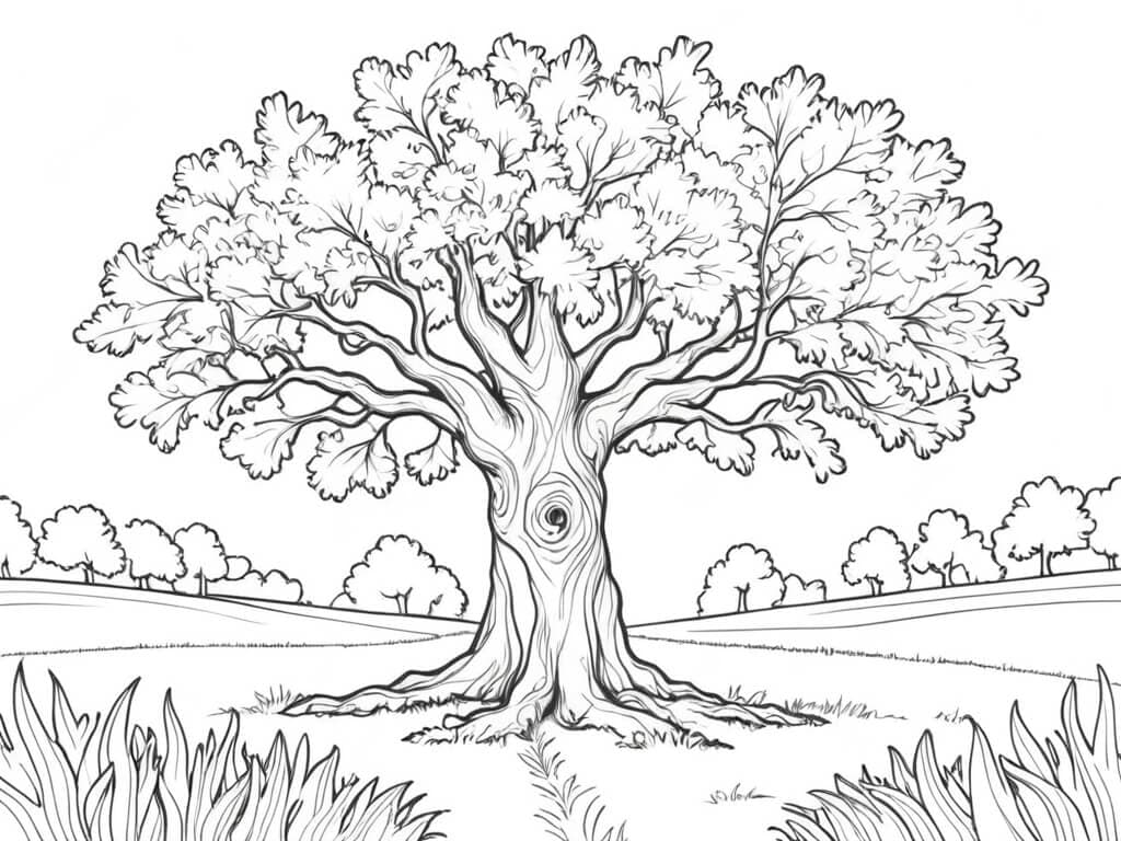 Oak Tree in a Meadow Coloring Page
