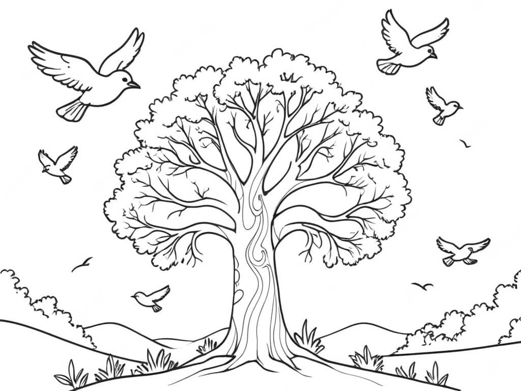 Tree with Birds Coloring Page