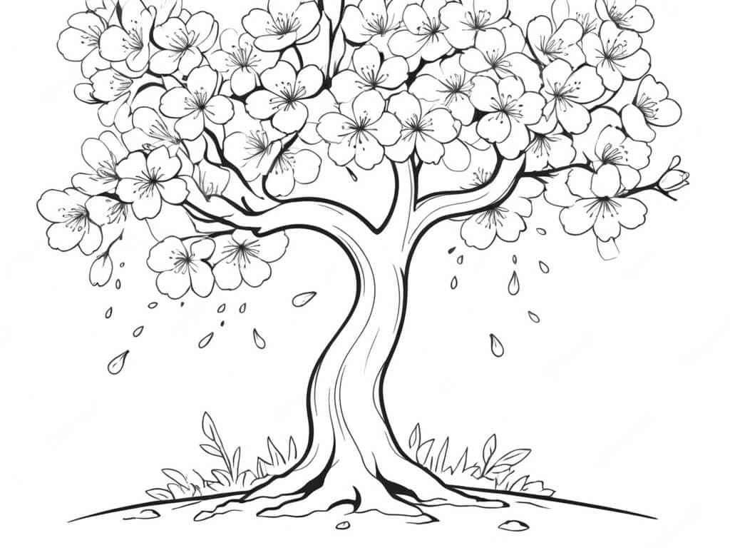 Tree with Blossom Petals Coloring Page