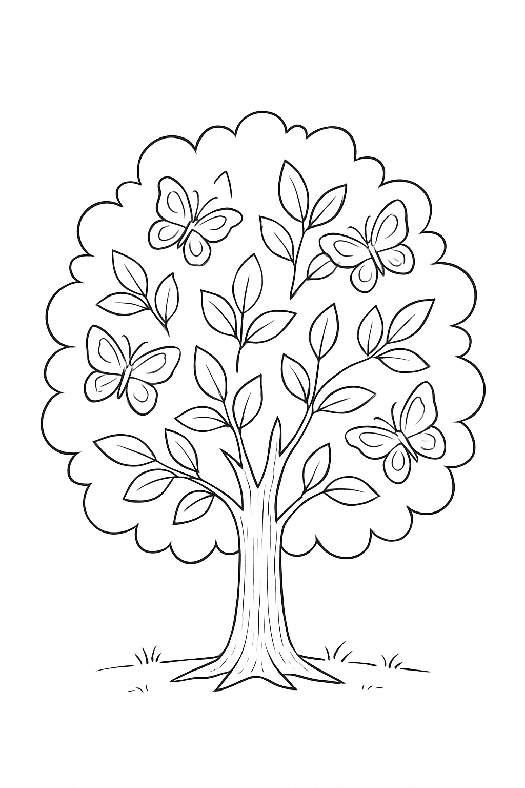 Tree with Butterflies and Leaves Coloring Page