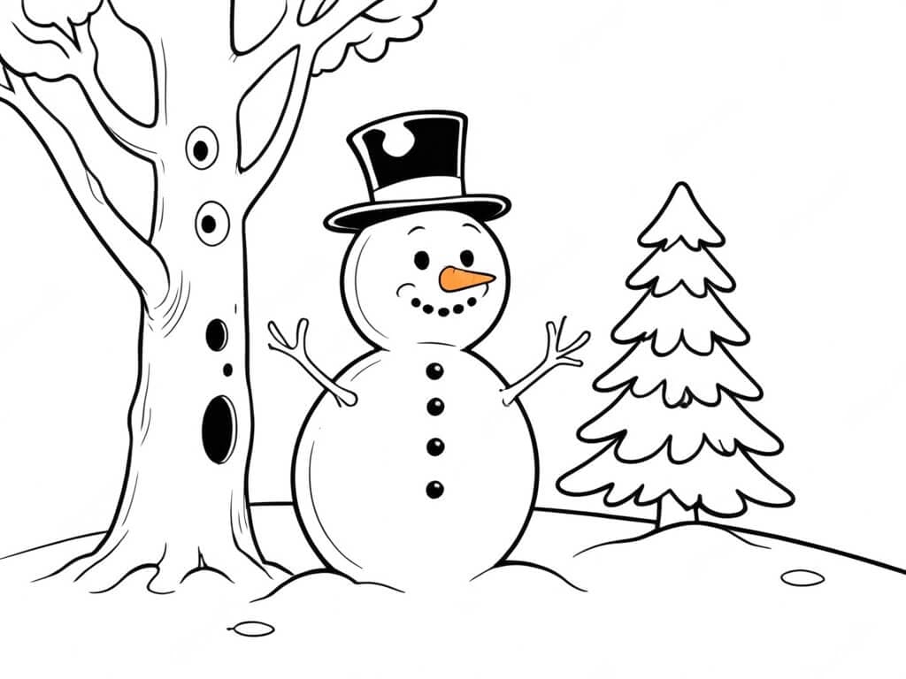 Tree with Snowman Coloring Page