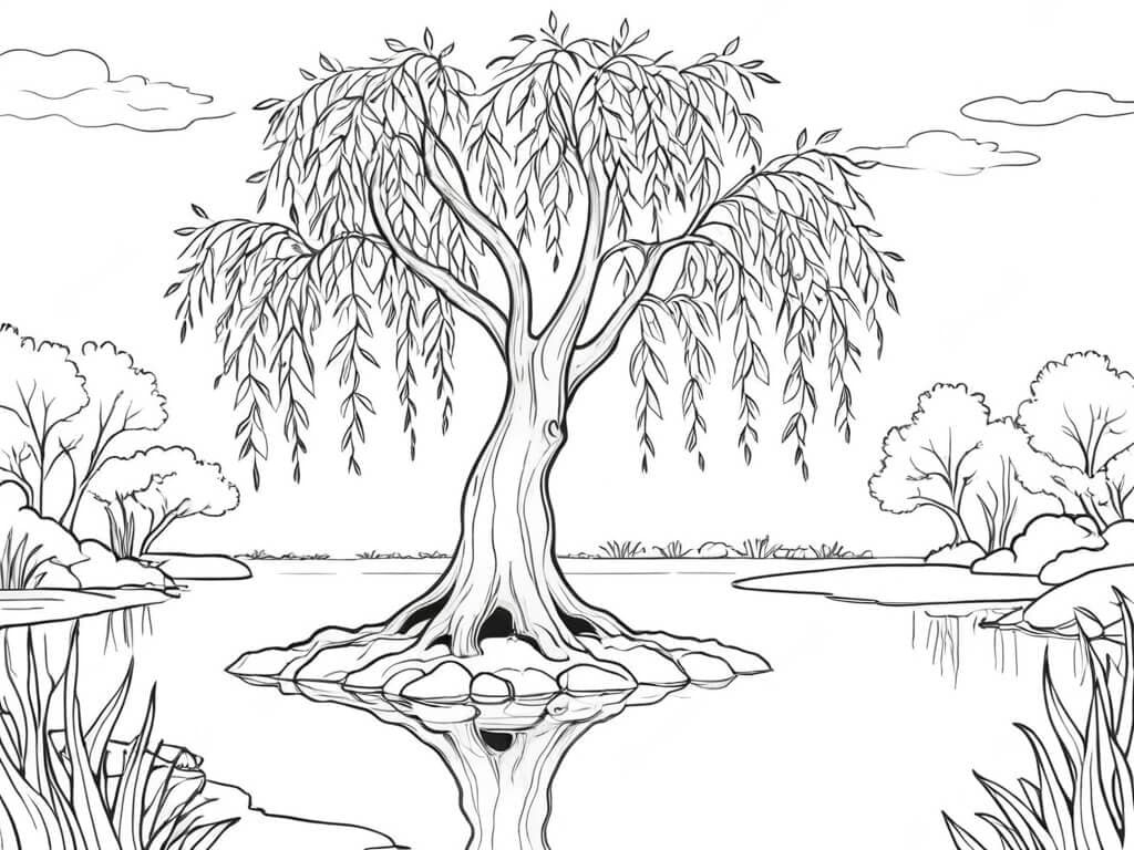 Willow Trees by a Lake Coloring Page