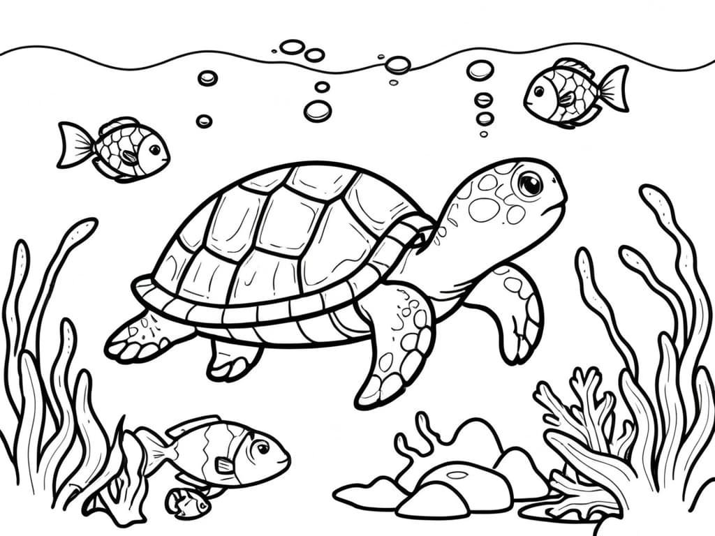 Turtle and Fish in the Ocean Coloring Page