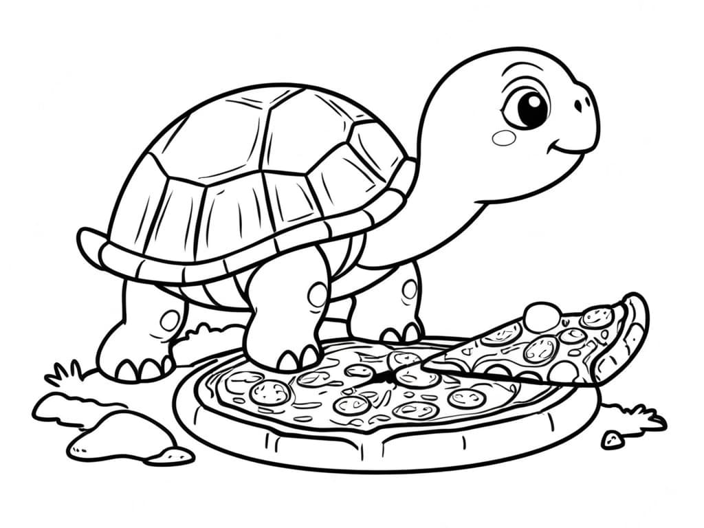 Turtle Eating Pizza Coloring Page