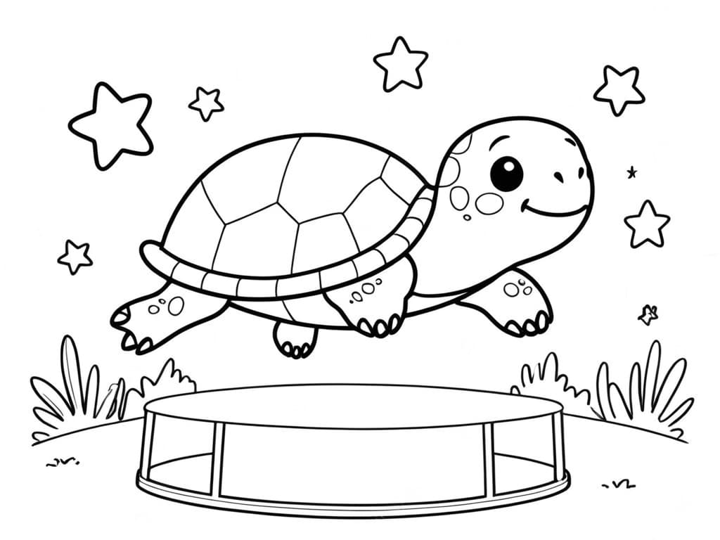 Turtle Jumping on a Trampoline Coloring Page