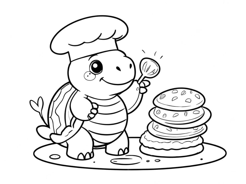Turtle Making Pancakes Coloring Page