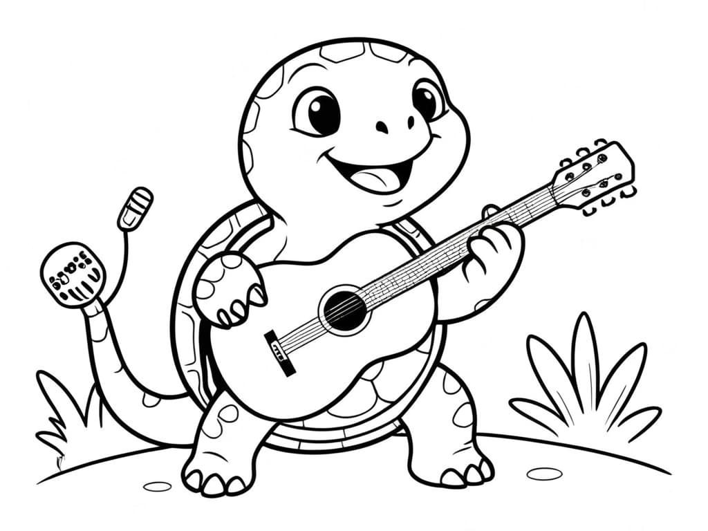 Turtle Singing with a Microphone and Playing Guitar Coloring Page