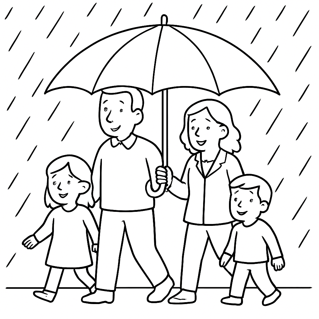 Family with Umbrella in Rain Coloring Page