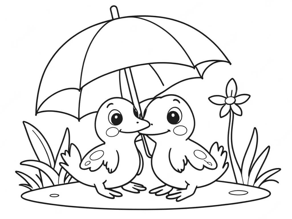 Umbrella with Ducklings Coloring Page