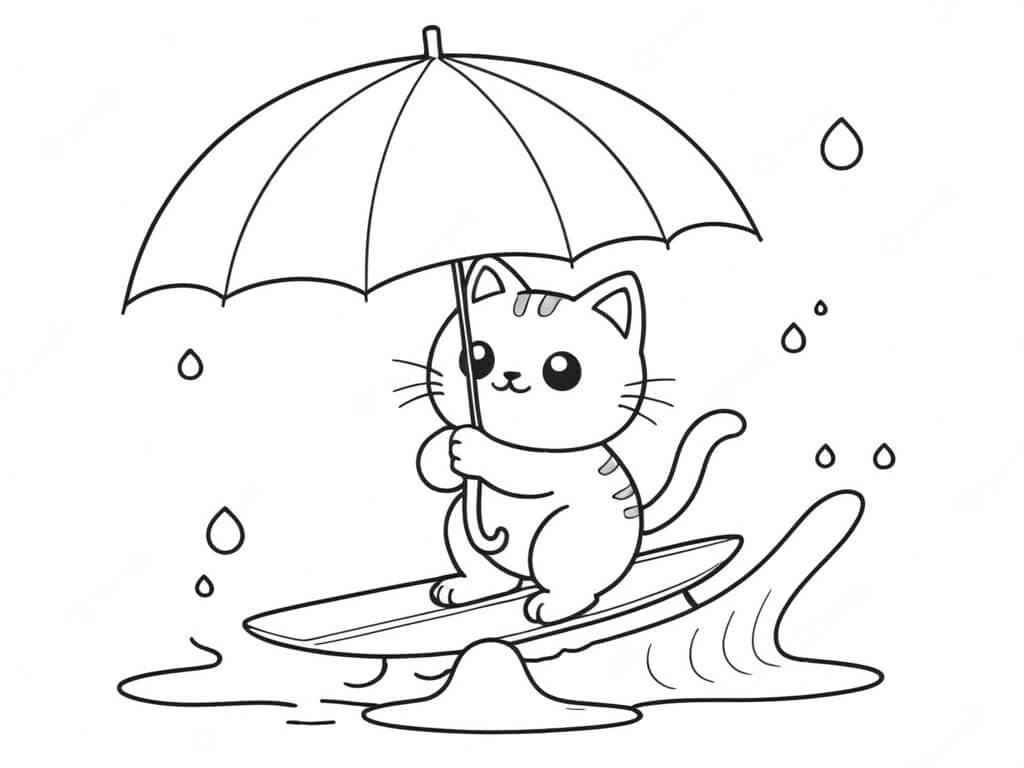 Umbrella with Surfing Kittens Coloring Page
