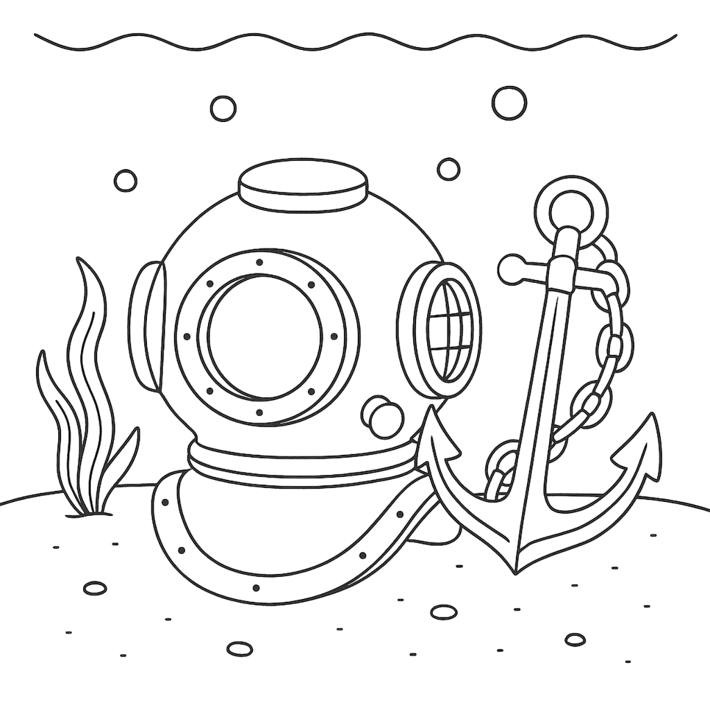 Anchor and Diving Helmet on the Seafloor Coloring Page