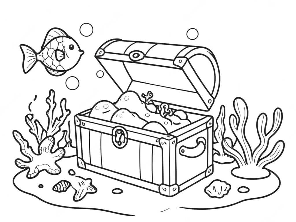 Pirate Treasure Chest on the Seafloor Coloring Page