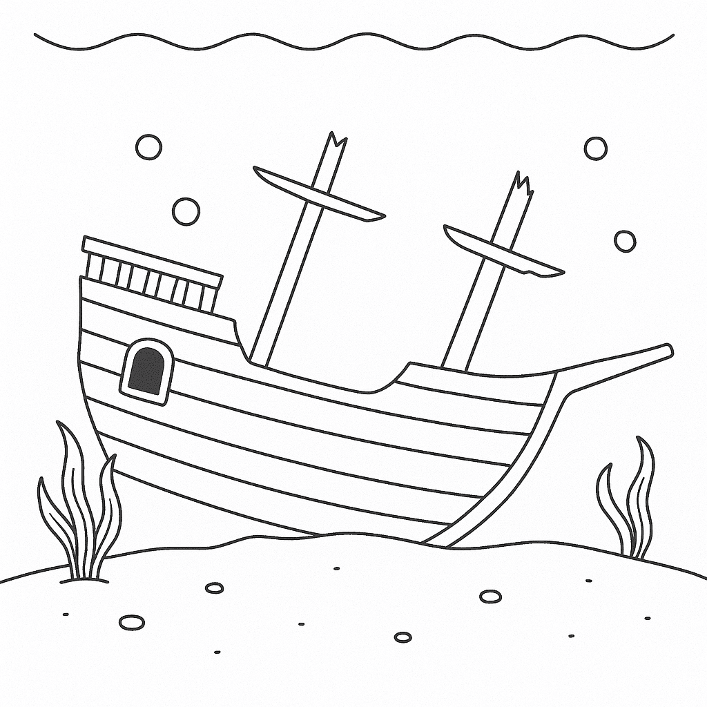 Shipwreck on the Seafloor Coloring Page
