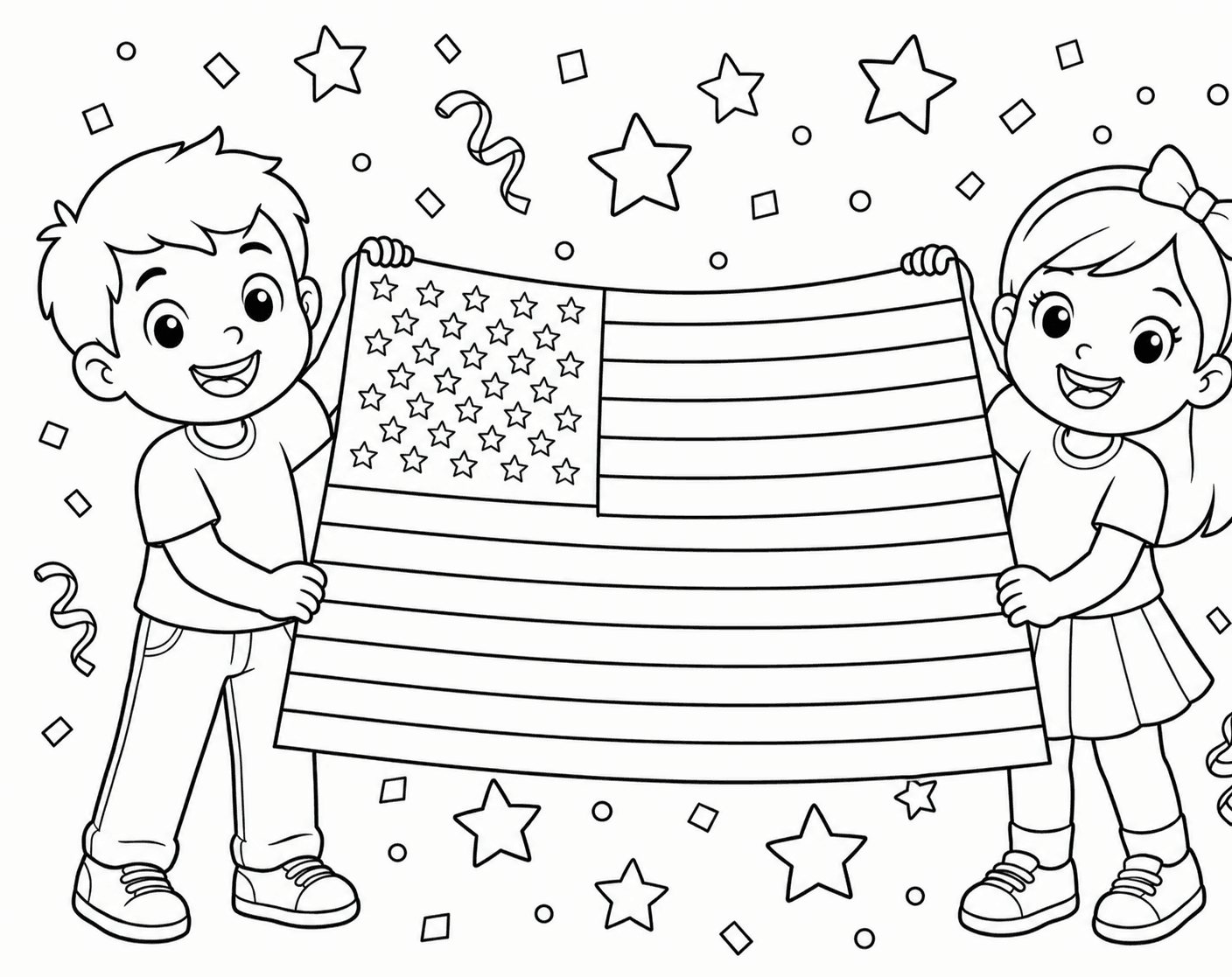 Children with United States Flag Coloring Page