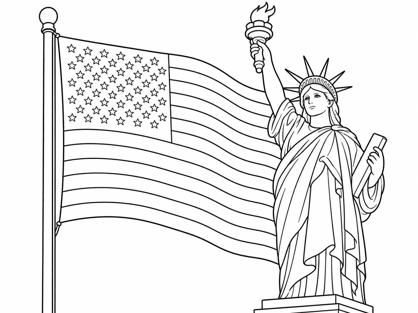 United States Flag and Statue of Liberty Coloring Page