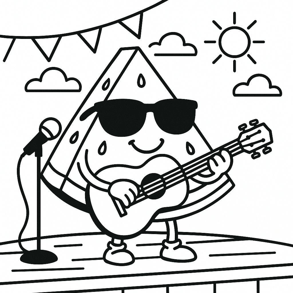 Watermelon Playing Guitar Coloring Page