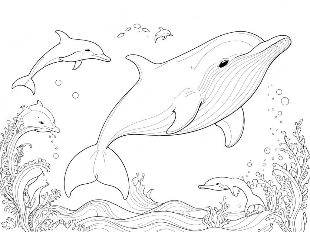 Whale and Dolphins - Coloring Page
