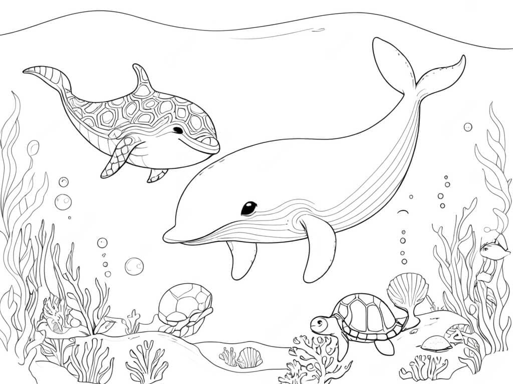 Whale and Turtles - Coloring Page