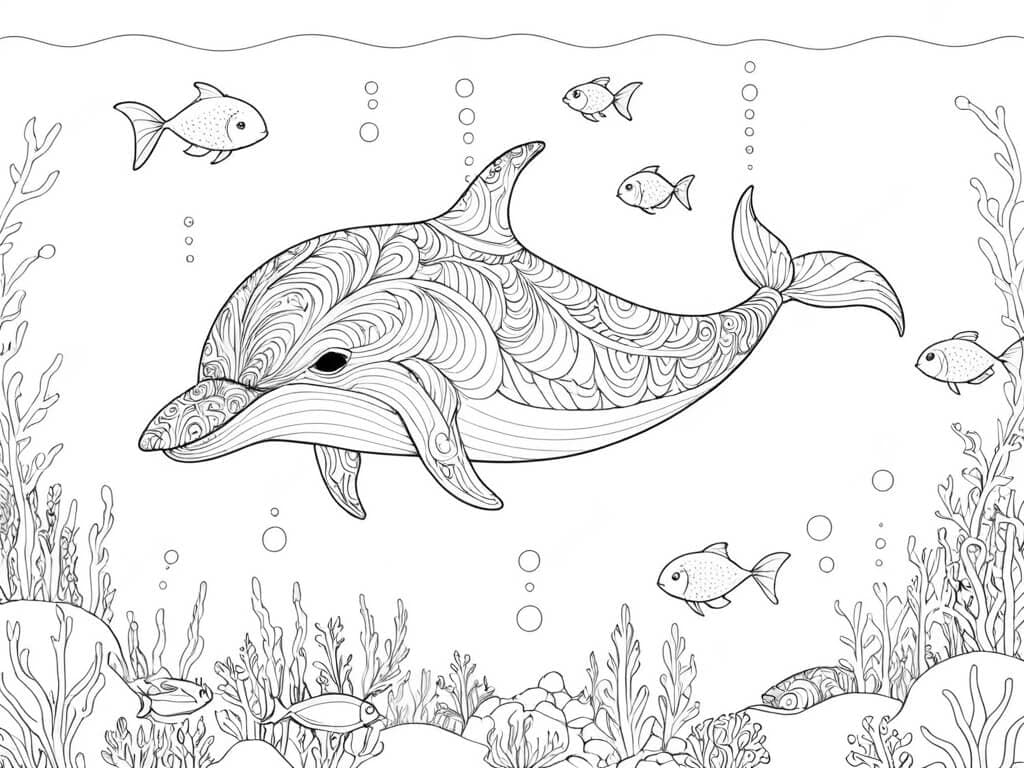 Whale Mandala with Fish - Coloring Page