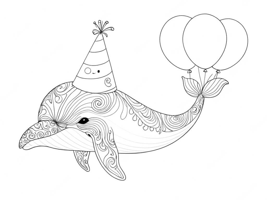 Whale with a Birthday Hat - Coloring Page