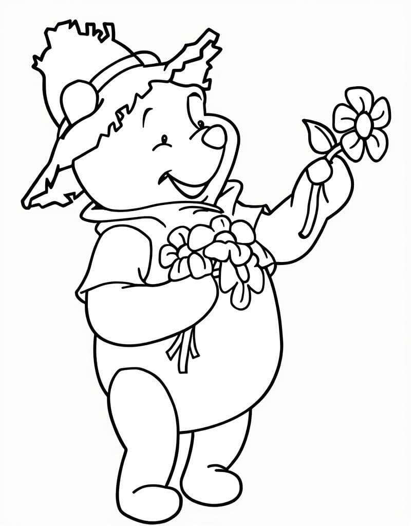 Winnie Pooh with Flowers Coloring Page