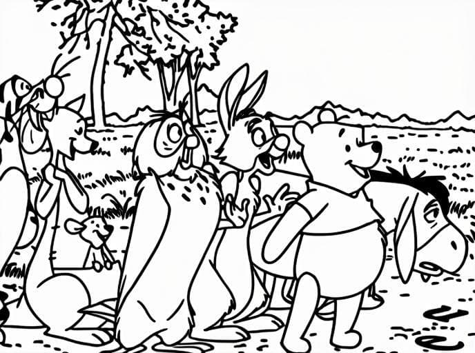 Winnie Pooh with His Crew Coloring Page