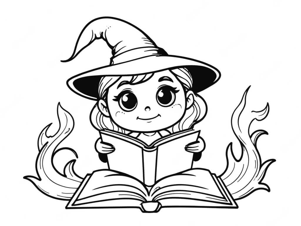 Little Witch Reading Book Coloring Page