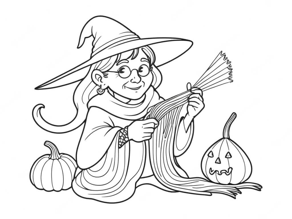 Old Witch Preparing Broom Coloring Page