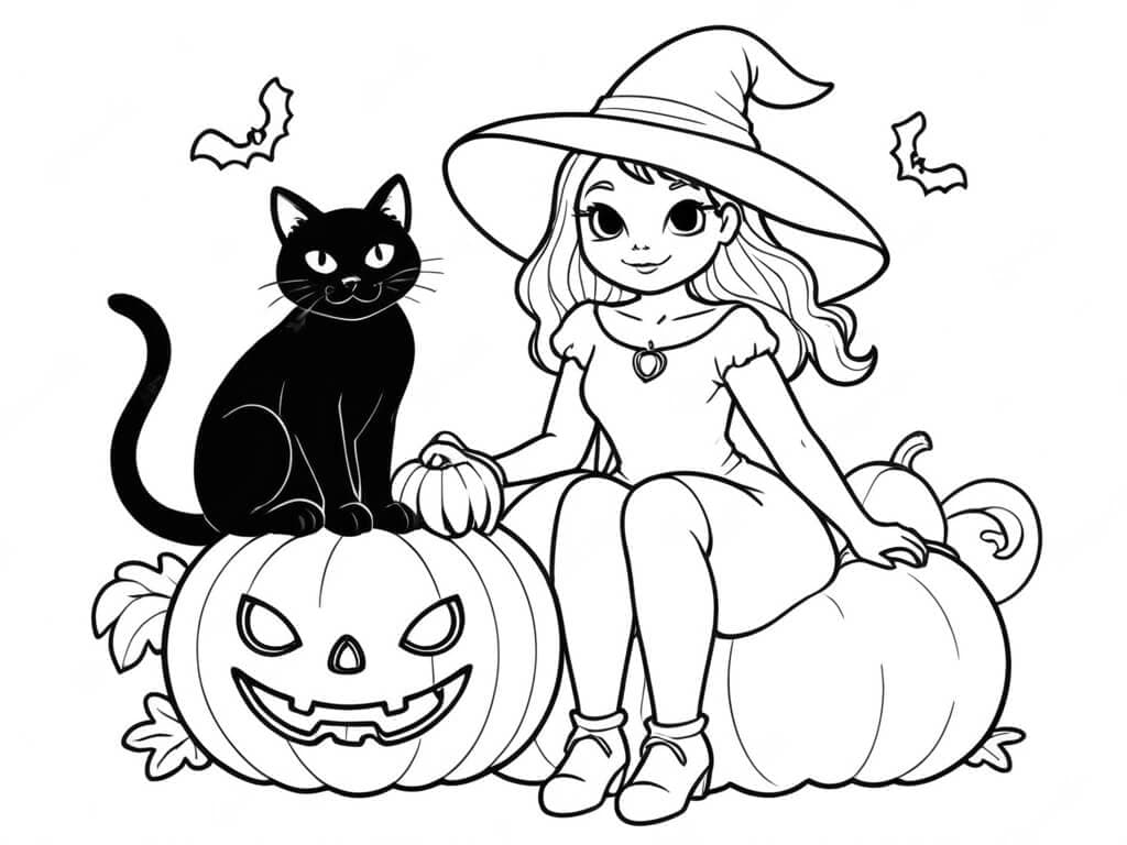 Witch and Black Cat Coloring Page