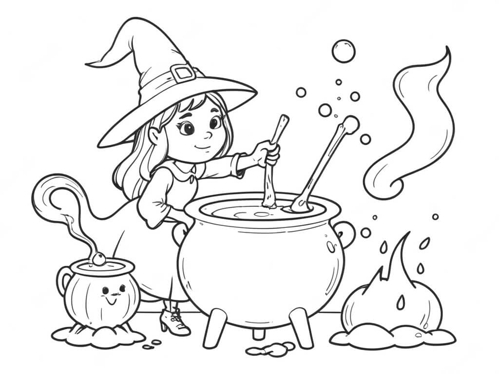 Witch at a Crazy Cauldron Coloring Page