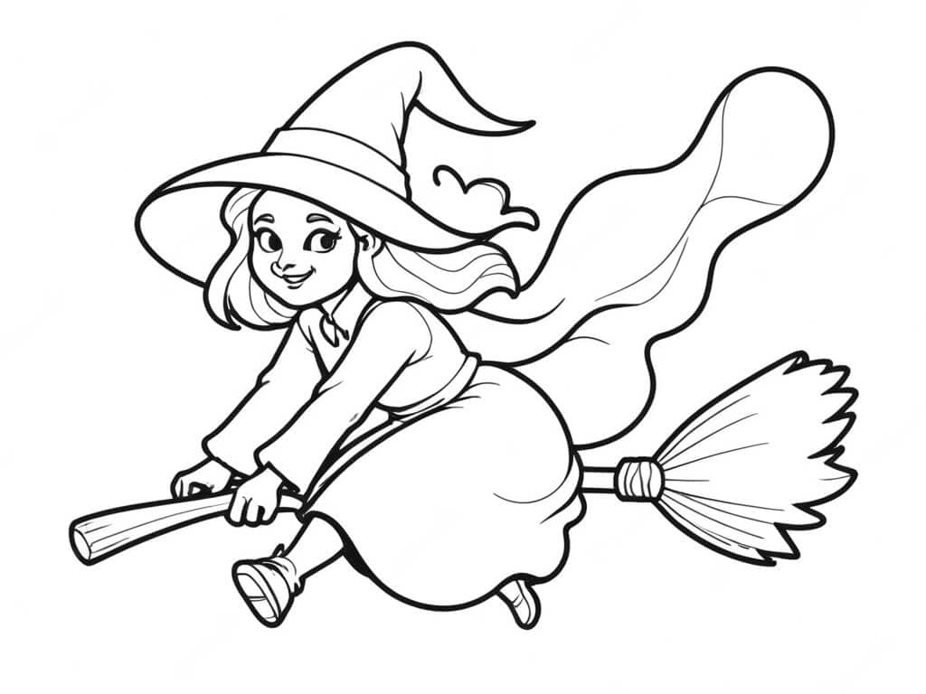 Witch Flying on Broom Coloring Page