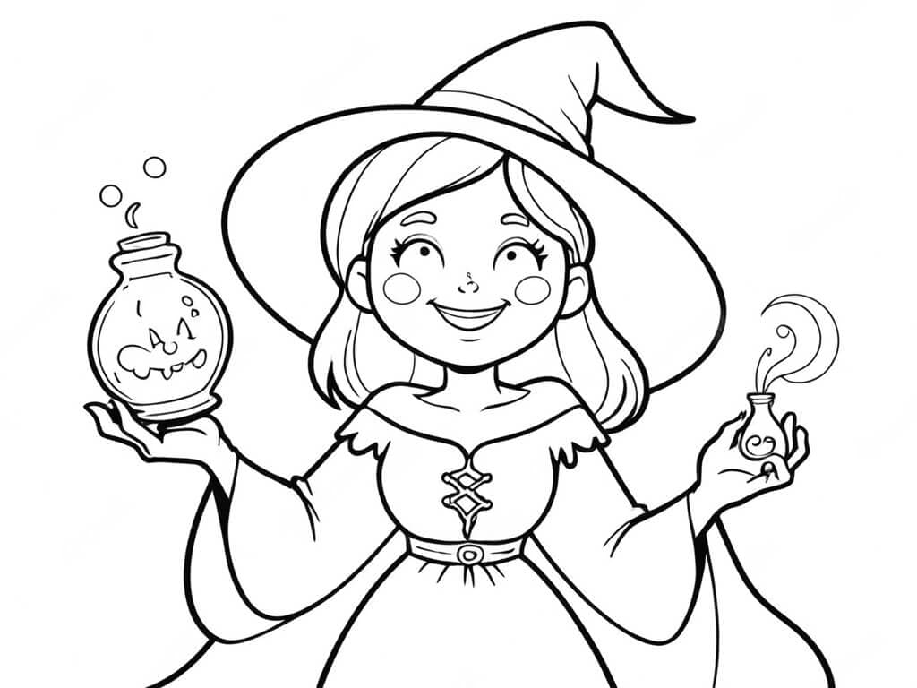 Witch with Magic Potions Coloring Page